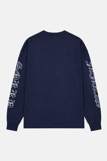 T-shirt manches longues Tapo Bleu Marine vu de dos à plat, lettrage gothique blanc sur les manches