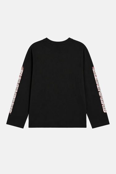 T-shirt manches longues Tara Noir vu de dos à plat, noir uni avec bande imprimée sur les manches