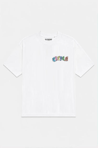 T-shirt Taro Blanc à plat, de face, petit lettrage Eleven multicolore sur la poitrine