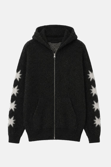 Gilet zippé à capuche Tasmanie Noir en maille à plat, de face, poche kangourou et étoiles blanches sur les manches