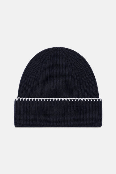 Bonnet Tatcher Noir en côtes, vue de l'arrière, revers à surpiqûre blanche en zigzag