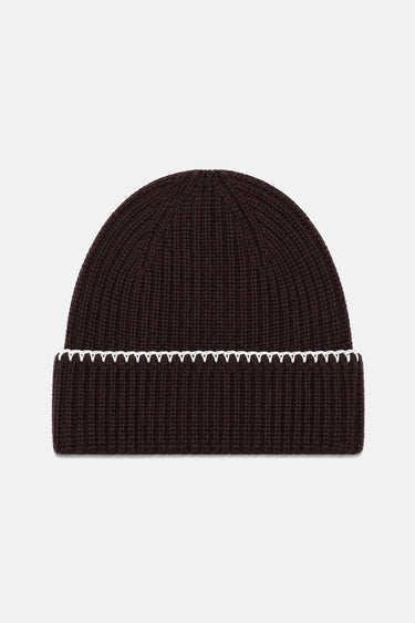 Bonnet Tatcher Marron en côtes, vue de l'arrière, revers à surpiqûre blanche en zigzag