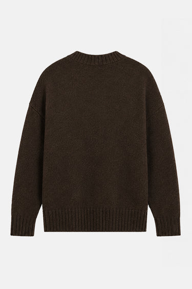 Pull col rond Tedmo Cacao marron en maille à plat, vue de dos unie, bas et poignets côtelés
