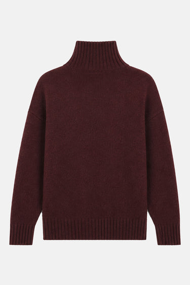 Pull col roulé Temile Aubergine en maille à plat, vue de dos unie, bas et poignets côtelés