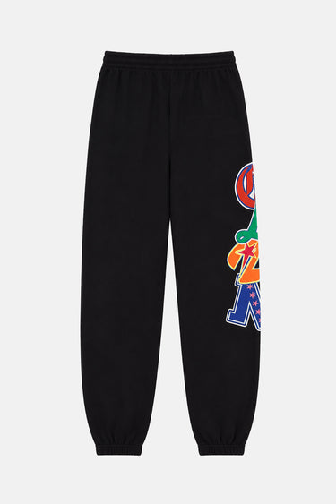 Jogging Terah Noir à plat, de dos, taille élastique, bas élastiqué et lettrage ELVN multicolore sur la jambe
