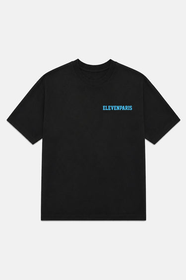 T-shirt Terry Noir à plat, de face, petit logo ELEVENPARIS bleu clair sur la poitrine