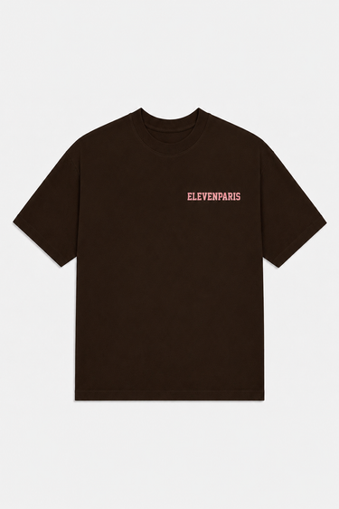 T-shirt Terry Marron à plat, de face, petit logo ELEVENPARIS rose sur la poitrine