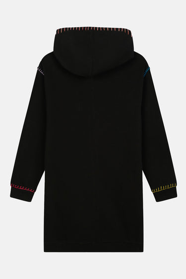 Robe à capuche Texas Noire à plat, de dos, coutures apparentes colorées sur la capuche et les poignets