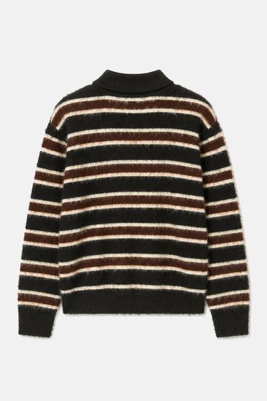 Pull polo Thomas Marron en maille rayée à plat, de dos, rayures noires, marron et écrues