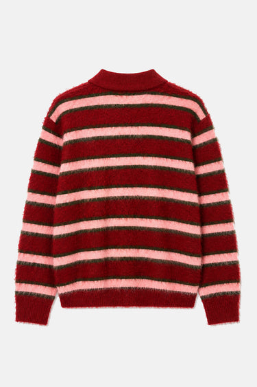 Pull polo Thomas Rouge en maille rayée rouge et rose à plat, vue de dos