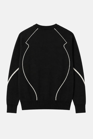 Pull col rond Thunder Noir en maille à plat, de dos, liserés blancs dessinant les épaules et les manches
