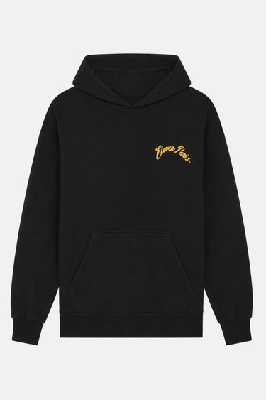 Sweat à capuche Tiara Noir à plat de face, poche kangourou et inscription Eleven Paris dorée sur la poitrine