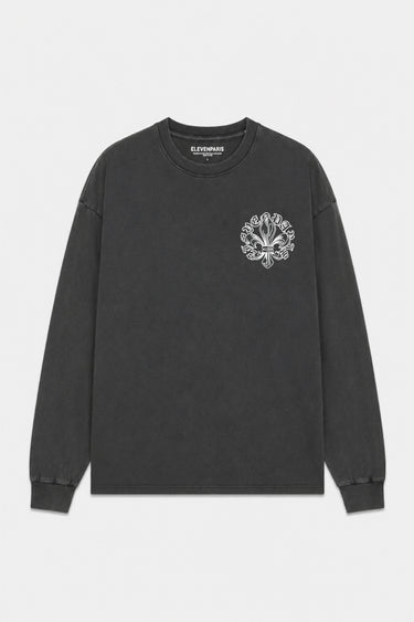 T-shirt à manches longues Tim Noir Délavé à plat de face, petite fleur de lys blanche sur la poitrine
