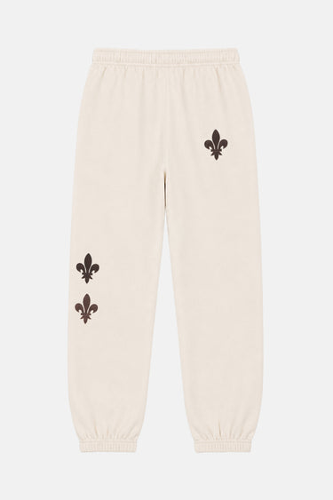 Jogging Timo Écru à plat de dos, fleurs de lys marron sur la jambe et la fesse