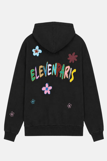Sweat à capuche zippé Toby Noir à plat de dos, grande inscription Elevenparis multicolore et fleurs brodées