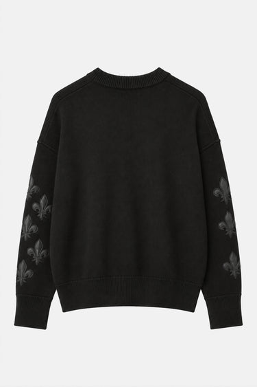 Pull Tobago Noir en maille à plat de dos, uni avec fleurs de lys grises sur les manches