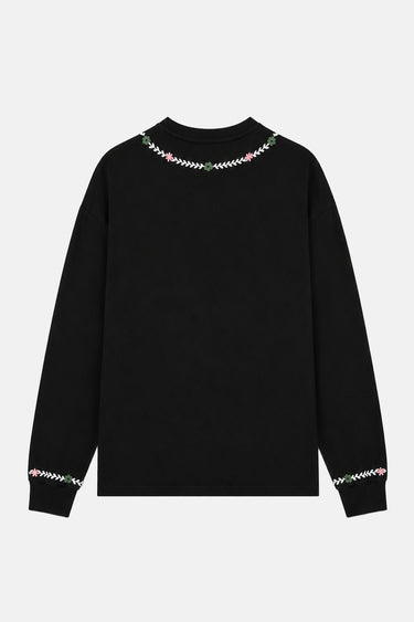 T-shirt à manches longues Togo Noir à plat de dos, uni avec col et poignets brodés de fleurs