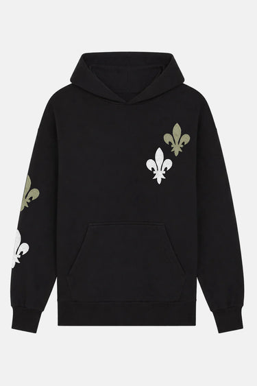 Sweat à capuche Toncho Noir à plat de face, fleurs de lys kaki et blanches sur la poitrine et la manche, poche kangourou