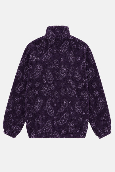 Veste polaire Tong Aubergine à plat de dos, motif cachemire violet clair et poignets élastiqués