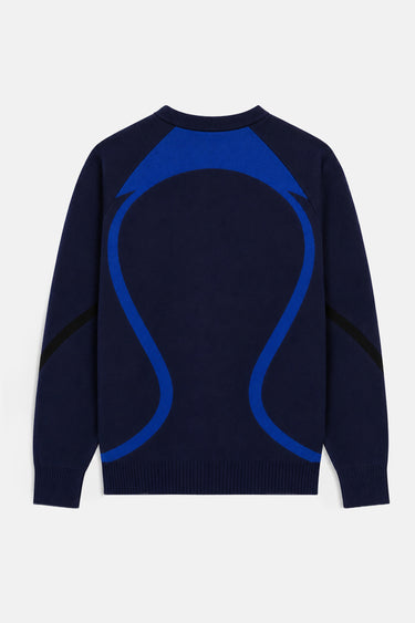 Pull Treasure Bleu Marine vu de dos à plat, grandes courbes bleu roi sur le dos et bandes noires sur les manches