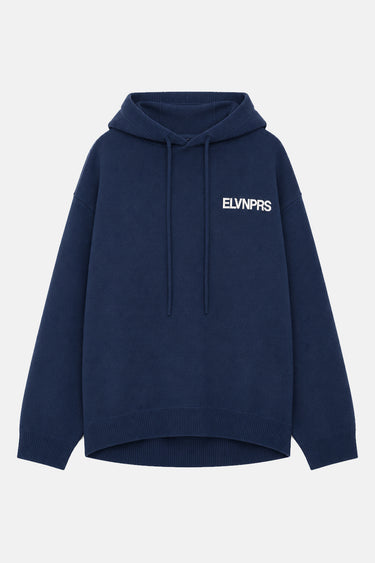 Sweat à capuche Trevor Bleu Marine de face à plat, cordons de capuche et petit logo ELVNPRS blanc sur la poitrine