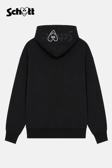 Sweat à capuche Tschott Noir vu de dos à plat, dos uni et cœur blanc avec inscription Schott sur la capuche