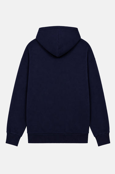 Sweat à capuche Tyson Bleu Marine à plat vu de dos, capuche et bas côtelé, fond blanc uni