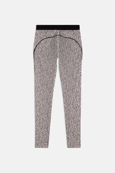 Legging de sport Jet Zèbre à plat vu de dos, motif zèbre noir et écru, coutures et liserés noirs, ceinture noire