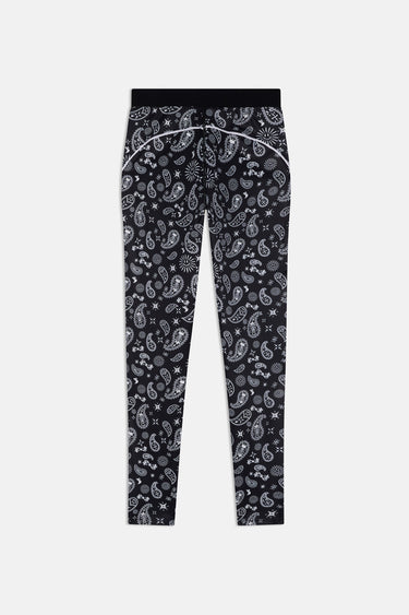 Legging de sport Jet Bandana Noir à plat vu de dos, motif bandana cachemire blanc, liseré blanc et ceinture noire