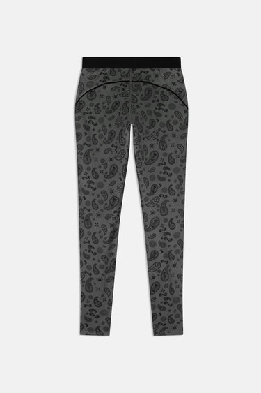 Legging de sport Jet Bandana Kaki à plat vu de dos, motif cachemire noir sur gris vert, coutures noires