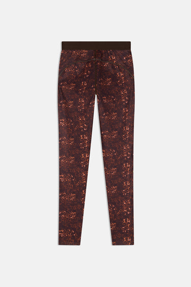 Legging de sport Jet Léopard à plat vu de dos, imprimé léopard brun et orange, ceinture marron foncé