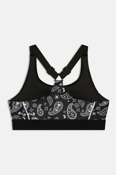 Brassière de sport Judoka Bandana Noir à plat vue de dos, empiècement en résille noire et bretelles réglables à clips
