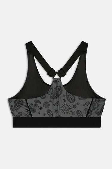 Brassière de sport Judoka Bandana Kaki à plat vue de dos, dos en résille noire et bretelles réglables à clips