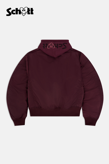 Blouson à capuche Eschott Bordeaux vu de dos à plat sur fond blanc, capuche brodée d'un cœur rose