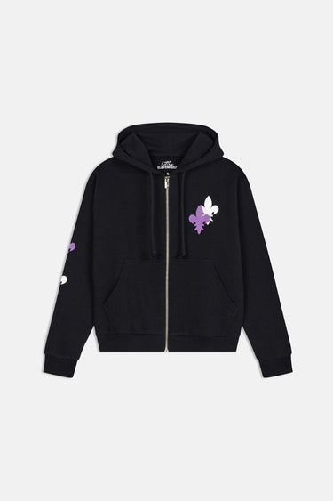 Sweat à capuche zippé Fono Noir de face sur fond blanc, deux fleurs de lys violette et blanche sur la poitrine