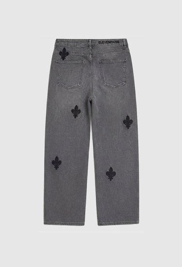 Jean Pretty Gris à plat, de dos, étiquette Eleven Paris à la ceinture, poches arrière et fleurs de lys noires