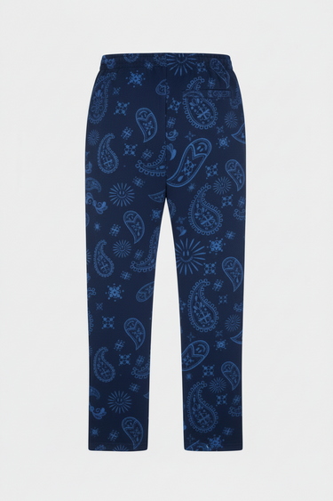 Jogging Fiby Bandana Bleu Marine à plat vu de dos, sans poche, motif bandana cachemire bleu